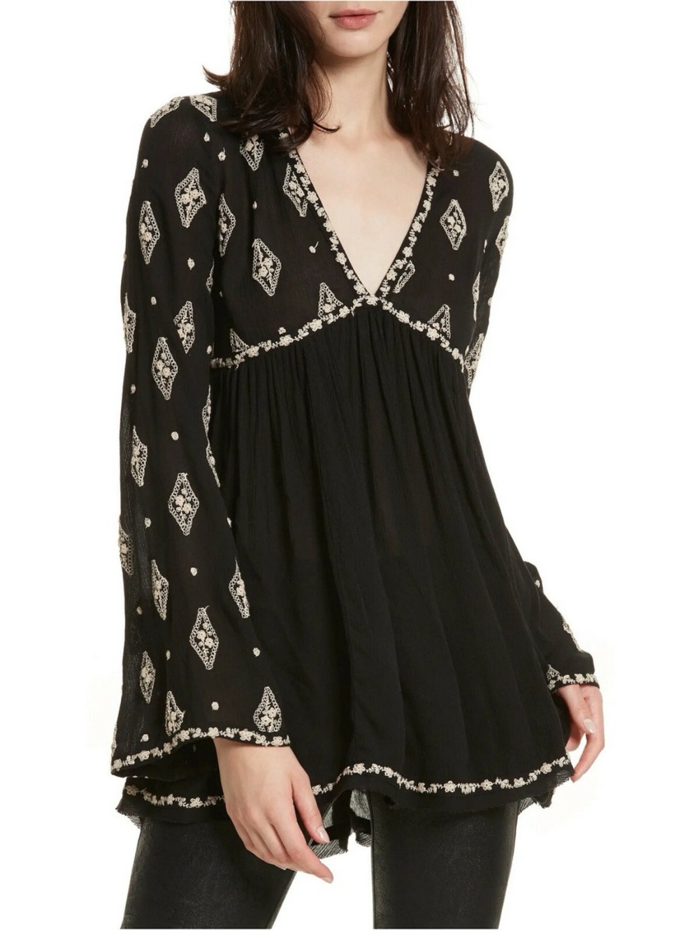 Free People Diamond Embroidered V-Neck Babydoll Tunic Dress